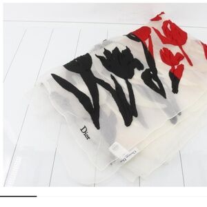 Dior oversized sheer silk chiffon embroidered daffodil flower shawl w/ box